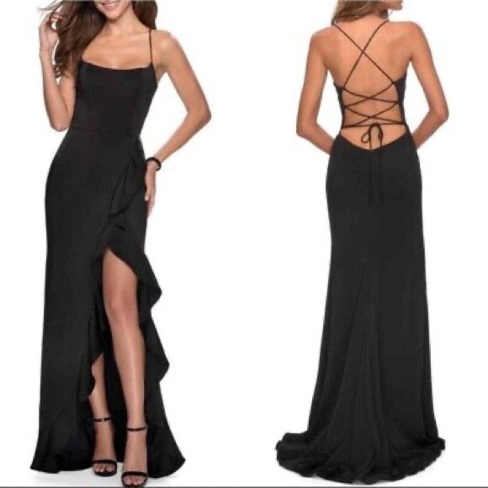 New La Femme Black Strappy Back Flutter Slit Trumpet Gown Lace Up Sz 4